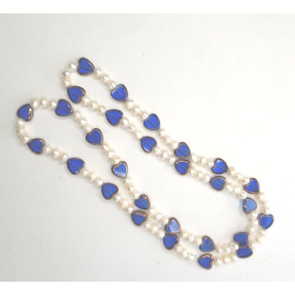 Freshwater Pearl And Blue Glass Heart Necklace 33 Inches - Picture 2 of 6